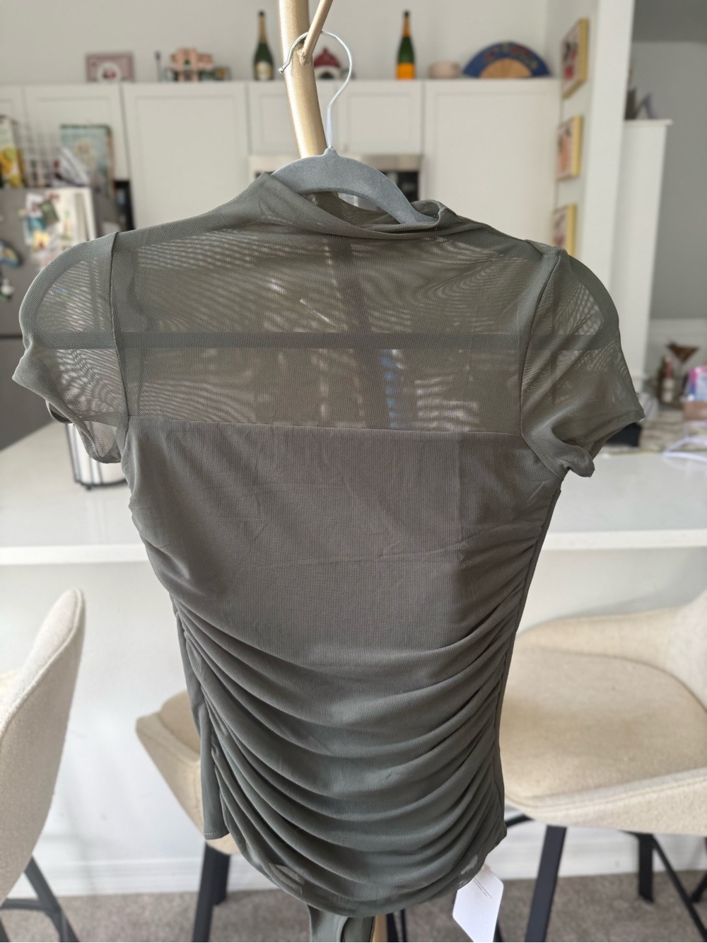 ReoRia Olive Green Sheer-Panel Ruched Short Sleeve Bodysuit